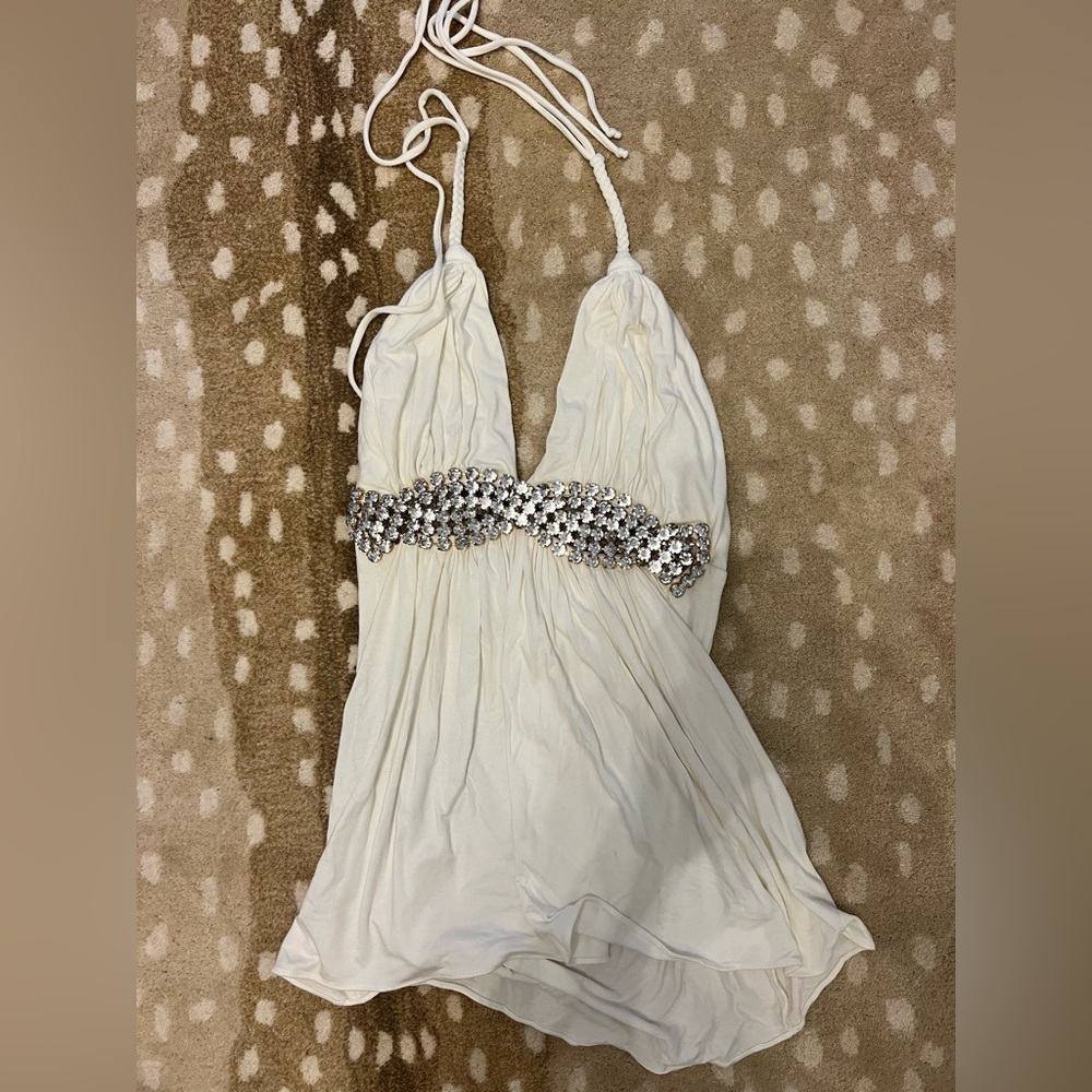 Sexy White Halter Top with Rhinestone Embellishments